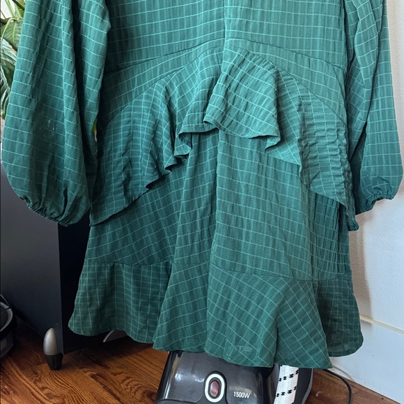 Arula Plus Chiffon Faux Wrap Mini Dress Sz 2X Green Ruffle Balloon Long Sleeve - Picture 10 of 10